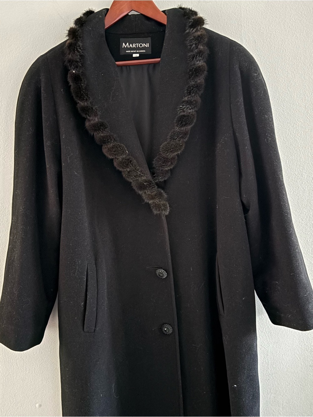 Martoni Vintage Women's Black Wool Cashmere Blend Coat Real Fur Trim Size 18